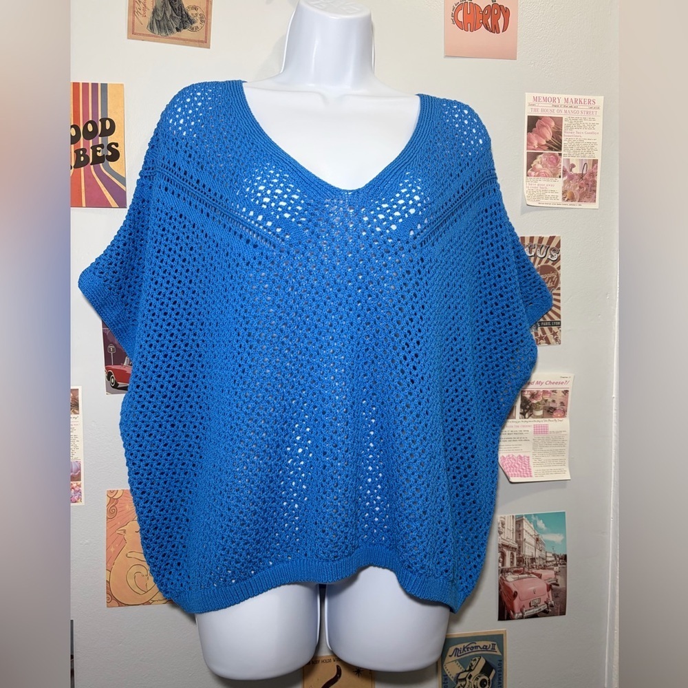Express Women's Open-Knit V-Neck Sweater - Blue
